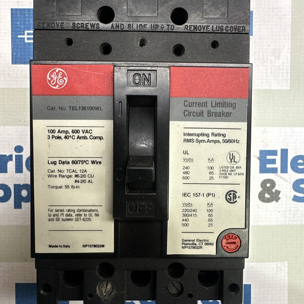 Interruttore Automatico GE TEL136100WL, 100 A, 600 V, 3 Poli. Nuovo Di Seconda Scelta, Condizioni Eccellenti.