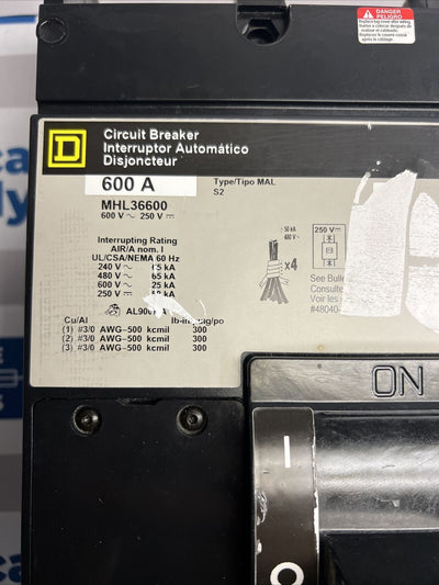 MHL36600 Square D SQD Type MAL Gray Label Circuit Breaker 3 Pole 600 Amp 600V