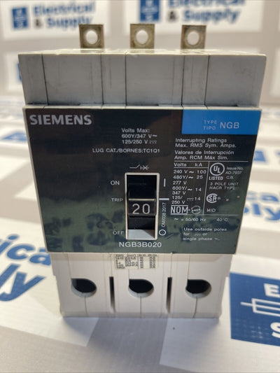 NGB3B020 Siemens 20 Amp 600V 3 Pole Bolt On Circuit Breaker New Takeout