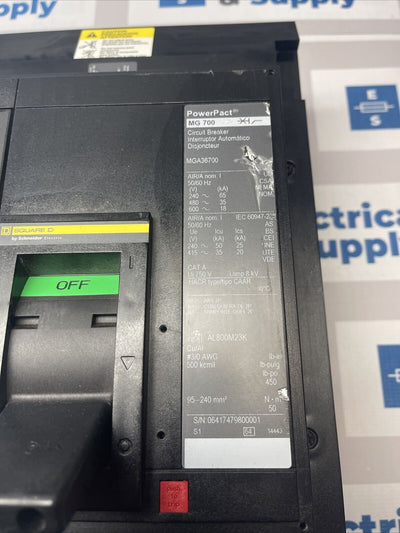 MGA36700 SQUARE D CIRCUIT BREAKER 700 AMP 3 POLE 240- 600 VAC Surplus