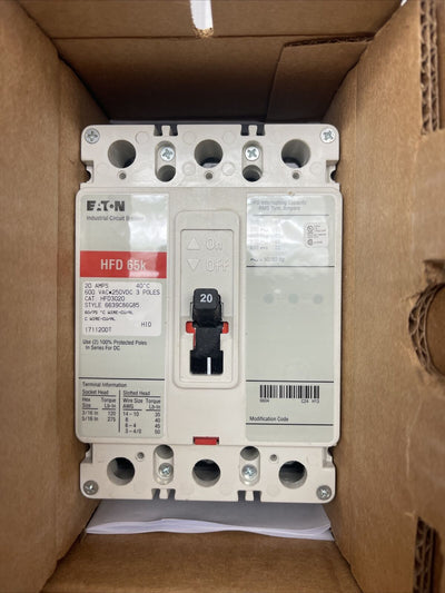 HFD3020 Eaton Industrial Circuit Breaker - 3 Pole - 20 AMP  Thermal Magnetic New
