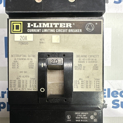 F136020 Square D 600V 3P 20A Circuit Breaker.