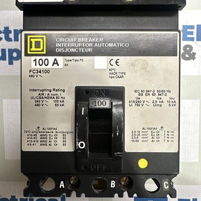 FC34100 100 Amp 480 Vac 3 Pole Circuit Breaker.