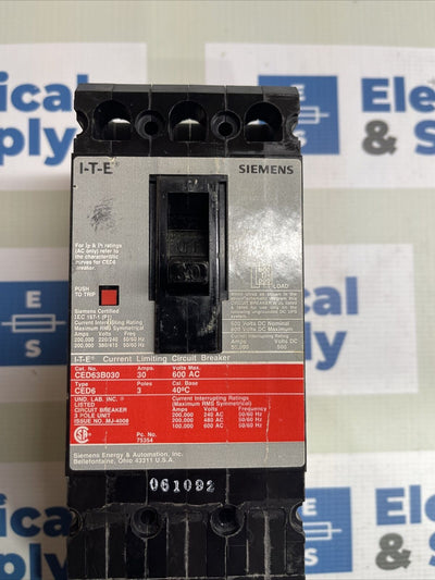 Siemens I-T-E CED63B030 30A Circuit Breaker 480/600V 3 Pole Type CED6 ITE 30 Amp