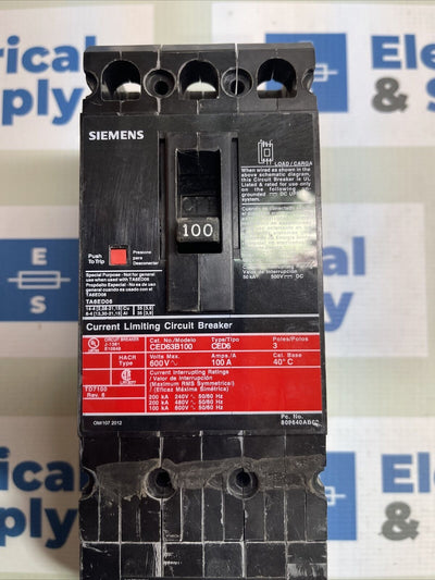 SIEMENS CED63B100, 100 AMP 3 POLE 600 VOLT CIRCUIT BREAKER