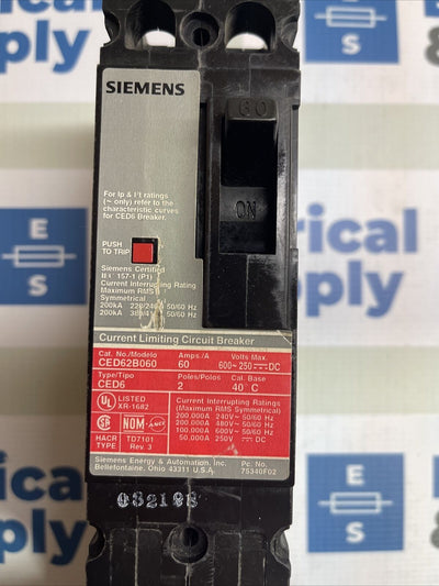 Siemens CED62B060 2P 60A 600V Molded Case Circuit Breaker 200kA@480V