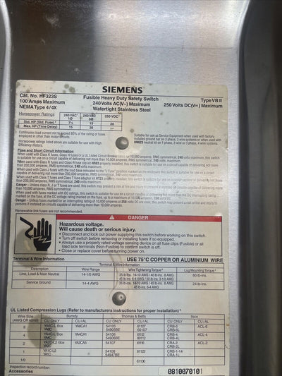 SIEMENS HF323S 100A 250V 3P 3W Fuse Disconnect Safety Switch