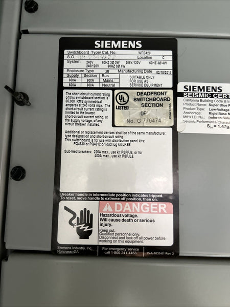 WPB426 600 amp 208/120 volt electrical distribution Panelboard w Main ...