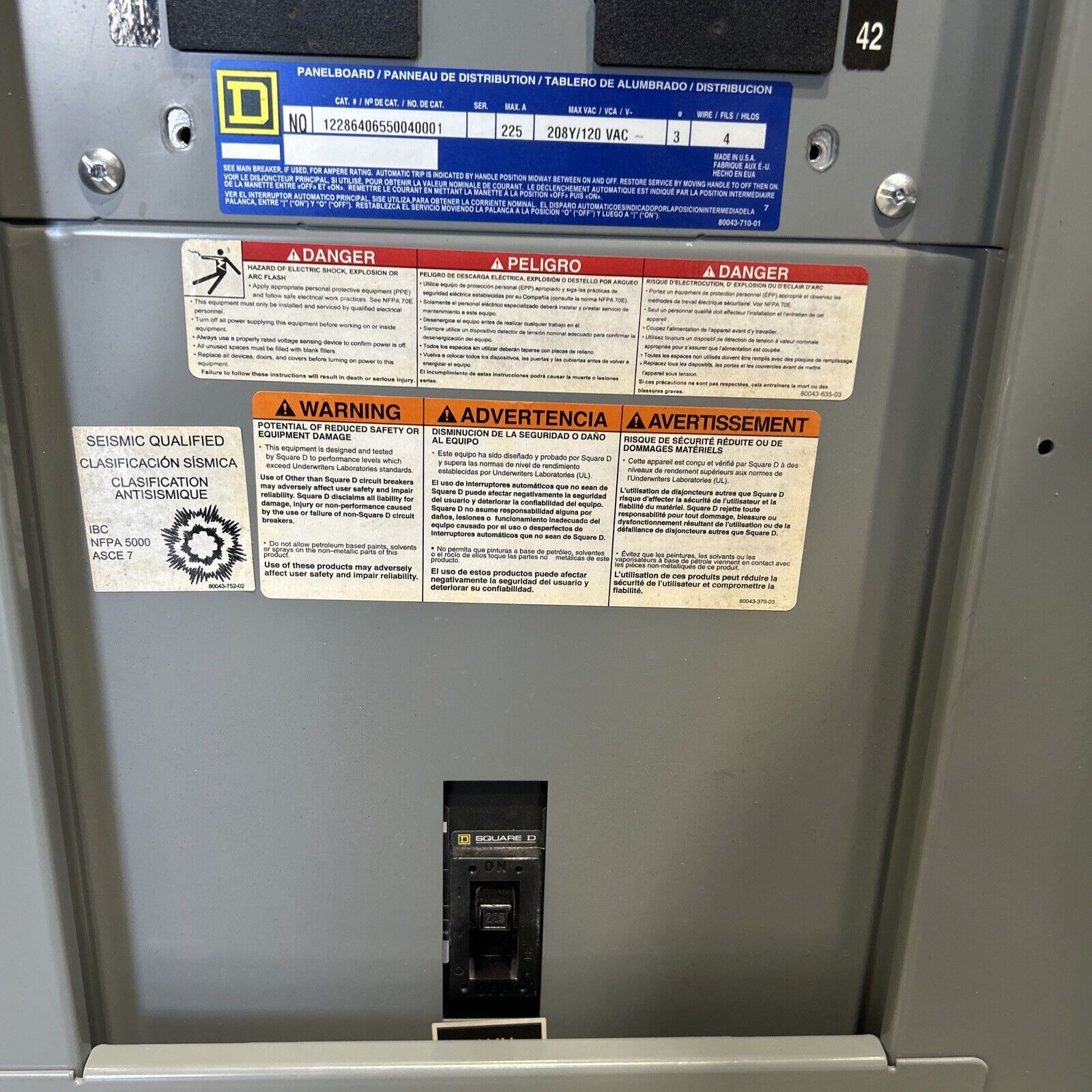 Square D 225 Amp 208Y/120 Volt 3PH 4W NQ Complete Panelboard
