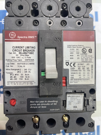 GE SELA36AT0030 Spectra Circuit Breaker 3 Pole 60 A New Pull Out 40A Trip