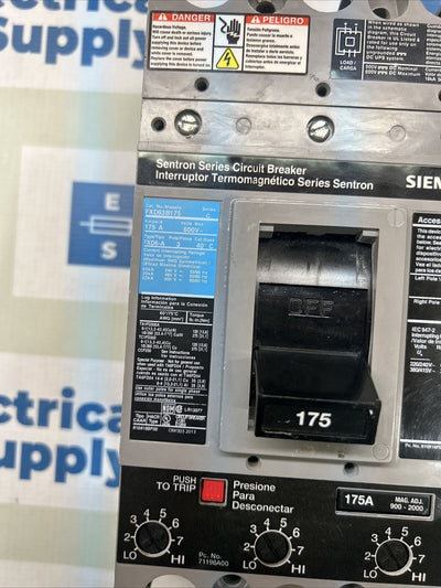 FXD63B175 SIEMENS  3P-175A-W/120V SHUNT TRIP Surplus