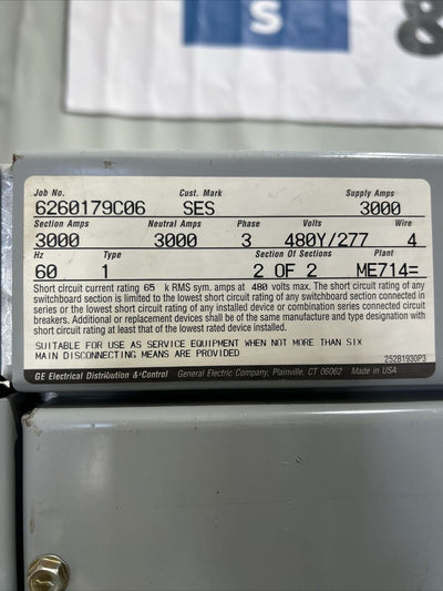 3000 Amp Panel Panelboard  480V/277V  With Breakers And Pool section
