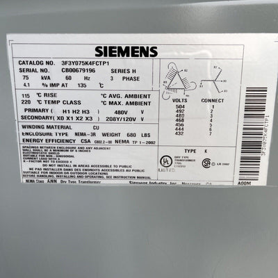 75 KVA 3 Phase Siemens Transformer 480 to 208y/120v Outdoor 3R New Fast Shipping