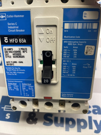 HFD3020 Cutler Hammer Circuit Breaker 3 Pole 20 Amp 600V New Surpls 1yr Warranty