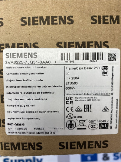 SIEMENS 3VA6225-7JQ31-2AA0 3 Pole 250 Amp Circuit Breaker 3va6 New In Box WRNTY