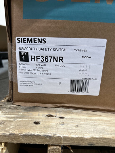 800 AMP DISCONNECT SIEMENS HF367NR 3PH 600V NEMA 3R Service Entrance Rated NEW