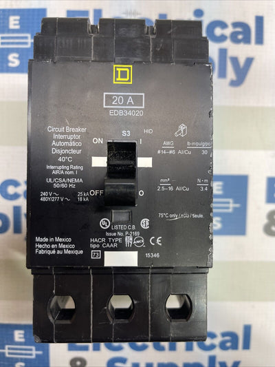 EDB34020 20 Amp 480Y/277 VAC 3 Pole Bolt-On Circuit Breaker
