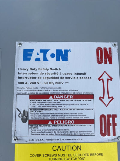 Eaton 800A 240V Disconnect nema 3R fusible type new no box DH327NRK