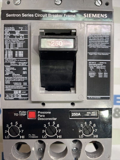 SIEMENS HFD63B250 Circuit Breaker, 250A 600V max 3P New Surplus