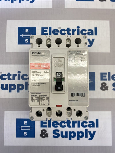 Eaton | HFD3020 | 20 Amp | 600 Volt | 3 Pole | Circuit Breaker