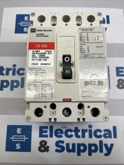 Eaton | FD3040 | 40 Amp | 600 Volt | 3 Pole | New Surplus Circuit Breaker