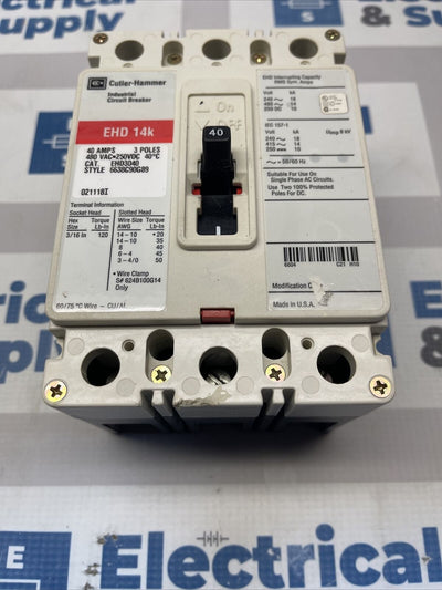 Cutler-Hammer | EHD3040 | 40 Amp | 480 Volt | 3 Pole | New Circuit Breaker Pull Out Flaw