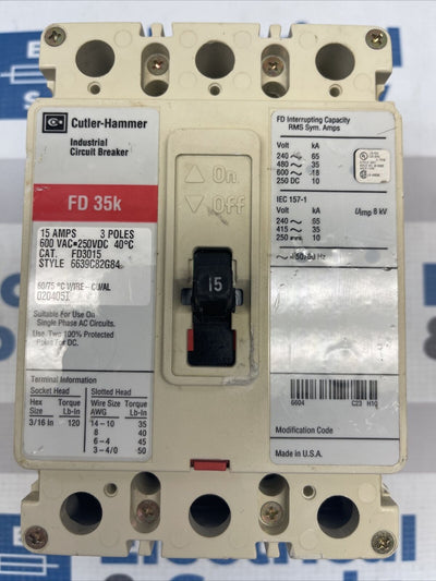 Cutler-Hammer/Eaton | FD3015 | 15 Amp | 600 Volt | 3 Pole | FD 35k Circuit Breaker Flaw